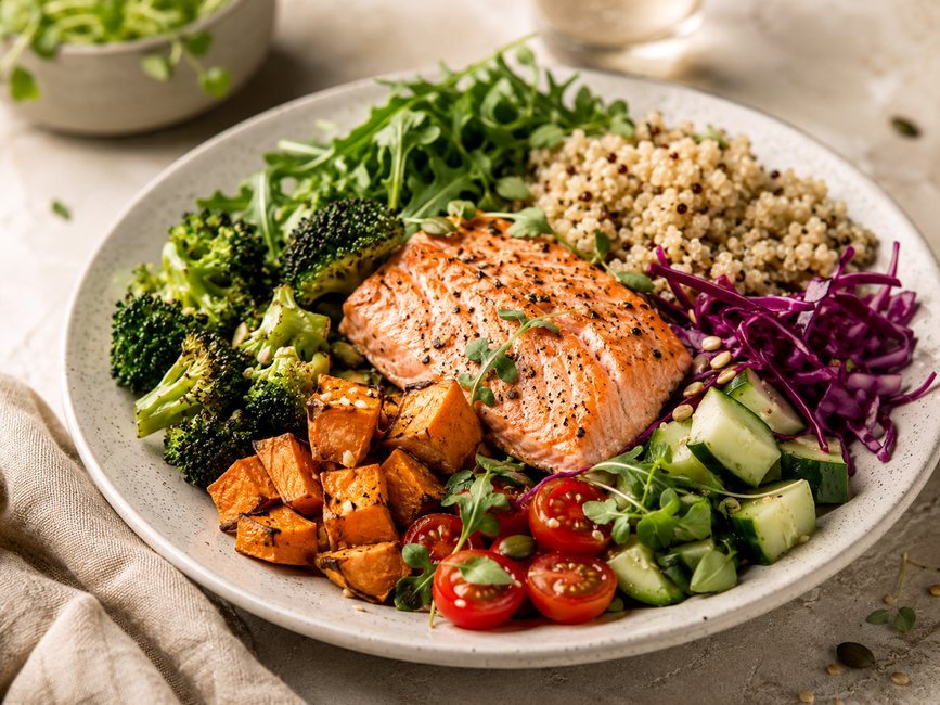 Prato de comida de verdade com salmão e vegetais